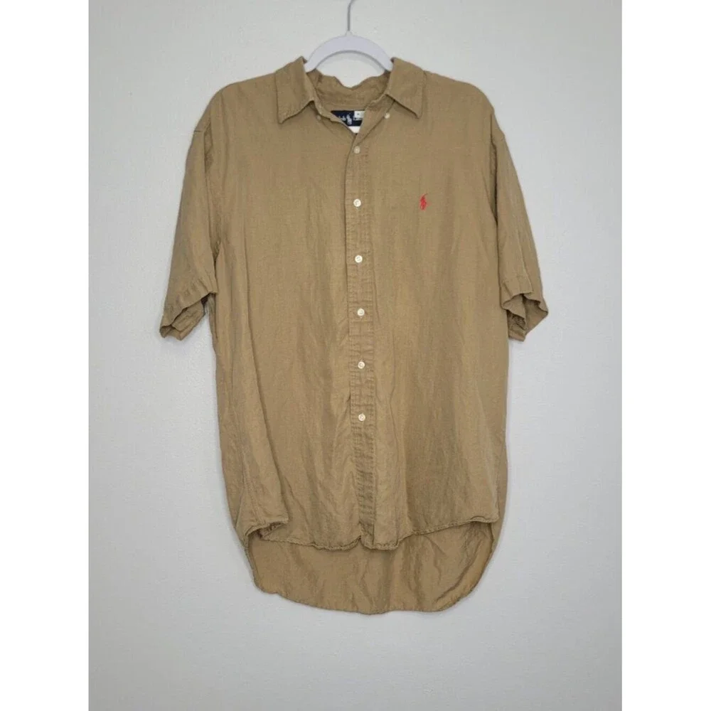 Ralph Lauren silk linen blend classic fit short sleeve button front tan top L